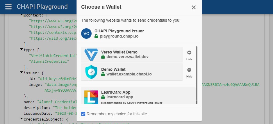 Choose a wallet modal presenting all preregisterd wallet systems which can be clicked on to proceed to storing the credentials there.