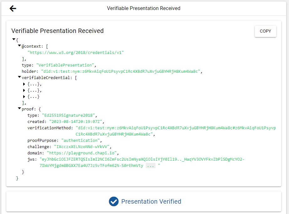A VerifiablePresentation JSON document object is shown in the Playgroud user interface followed by the words "Presentation Verified".