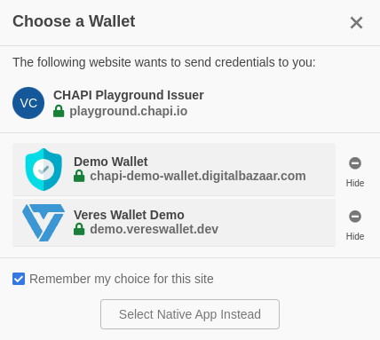 Choose a wallet modal presenting all preregistered wallet systems which can be clicked on to proceed to store the credentials there.
